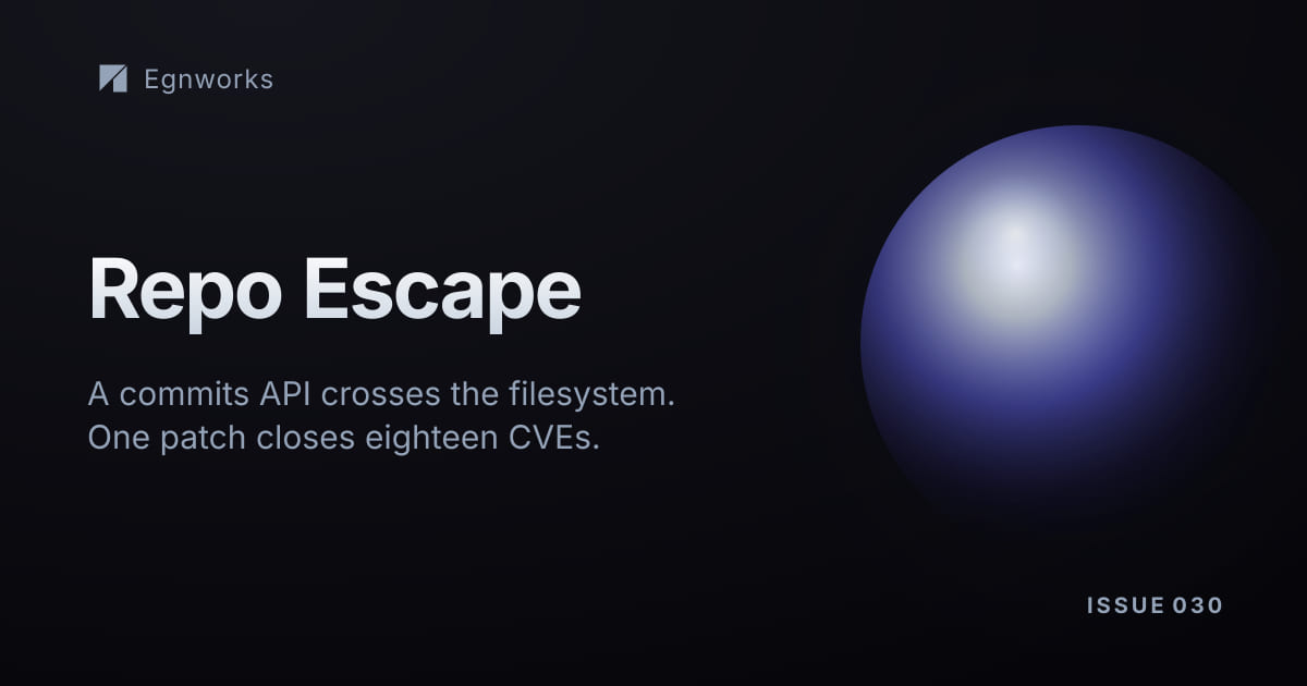 A dark Egnworks security banner representing a repository API escaping into the GitLab server filesystem.